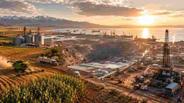 exportaciones-agro-mineria-energia-argentina-2026-ruralnet Complejo agroindustrial, minero y energético de Argentina con cultivos, silos, mina, instalaciones petroleras y buques de exportación.