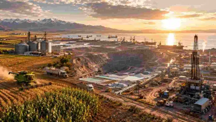 exportaciones-agro-mineria-energia-argentina-2026-ruralnet Complejo agroindustrial, minero y energético de Argentina con cultivos, silos, mina, instalaciones petroleras y buques de exportación.