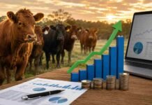 Creció 220% el crédito ganadero en 2025 y sigue siendo insuficiente: el número que explica el problema Rodeo bovino junto a gráficos financieros y una computadora, en una imagen vinculada con el crecimiento del crédito y la inversión ganadera.