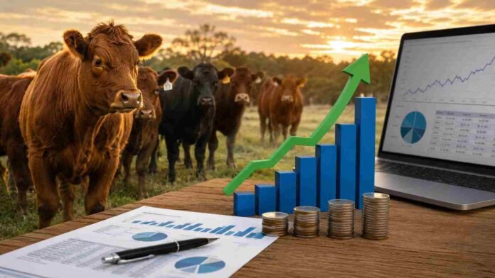 financiamiento-ganadero-credito-inversion-ruralnet Rodeo bovino junto a gráficos financieros y una computadora, en una imagen vinculada con el crecimiento del crédito y la inversión ganadera.