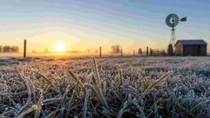 Campo argentino cubierto por una intensa helada al amanecer, con pastizales escarchados, molino y niebla, representando un evento de frío extremo.