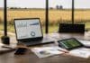 Producir más ya no alcanza: los especialistas dicen que el agro argentino tiene un problema de gestión, no de producción Oficina de gestión agropecuaria con computadora, tablet e informes de datos frente a un campo productivo.