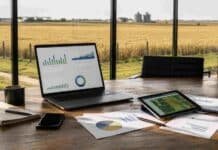 Producir más ya no alcanza: los especialistas dicen que el agro argentino tiene un problema de gestión, no de producción Oficina de gestión agropecuaria con computadora, tablet e informes de datos frente a un campo productivo.