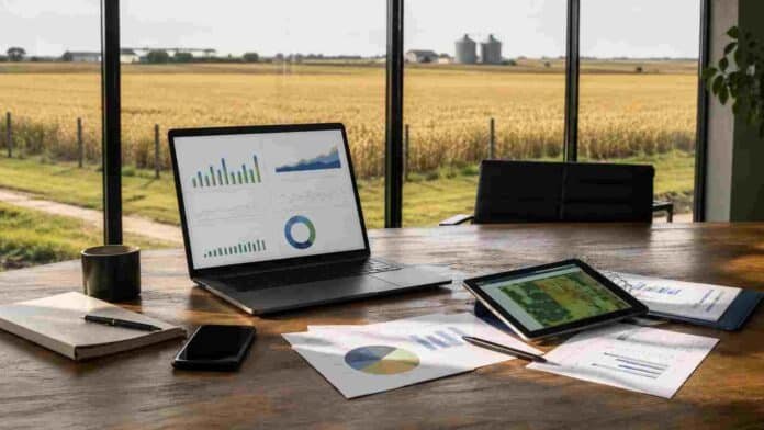 gestion-agropecuaria-datos-rentabilidad-ruralnet Oficina de gestión agropecuaria con computadora, tablet e informes de datos frente a un campo productivo.