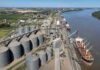 Tres nodos portuarios reúnen el 65% de la producción de seis cultivos Terminal portuaria de granos junto a campos productivos y un buque de carga, en una imagen que ilustra la cercanía entre la producción agrícola y los principales puertos argentinos.