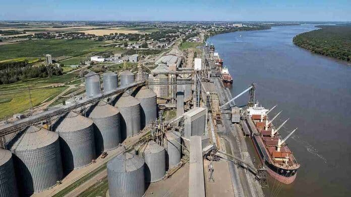 granos-puertos-logistica-argentina-ruralnet Terminal portuaria de granos junto a campos productivos y un buque de carga, en una imagen que ilustra la cercanía entre la producción agrícola y los principales puertos argentinos.