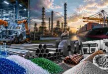 El Gobierno avanzó con la eliminación de los derechos de exportación industriales Planta industrial, puerto de exportación, camiones y materias primas manufactureras, en una escena que representa la producción industrial argentina.