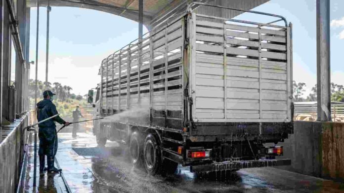 lavado-desinfeccion-transporte-hacienda-ruralnet Operario realiza el lavado y la desinfección de un camión de transporte de hacienda en una estación habilitada.