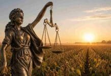 Ley de Semillas: el agro busca consenso para reformarla Figura de la Justicia con los ojos vendados y una balanza frente a un campo de soja en estado R7 durante el amanecer.