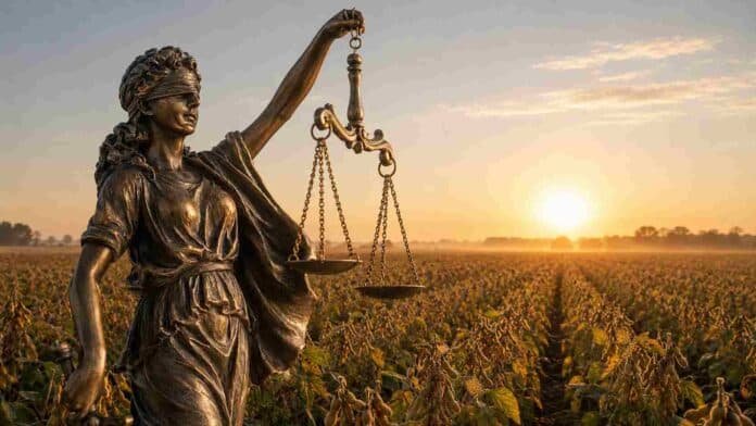Figura de la Justicia con los ojos vendados y una balanza frente a un campo de soja en estado R7 durante el amanecer.