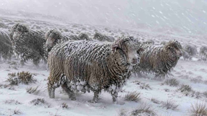 majada-merino-nevada-patagonia-ruralnet Majada de ovejas Merino en un campo nevado de la Patagonia, con viento fuerte y nieve acumulada sobre la lana.
