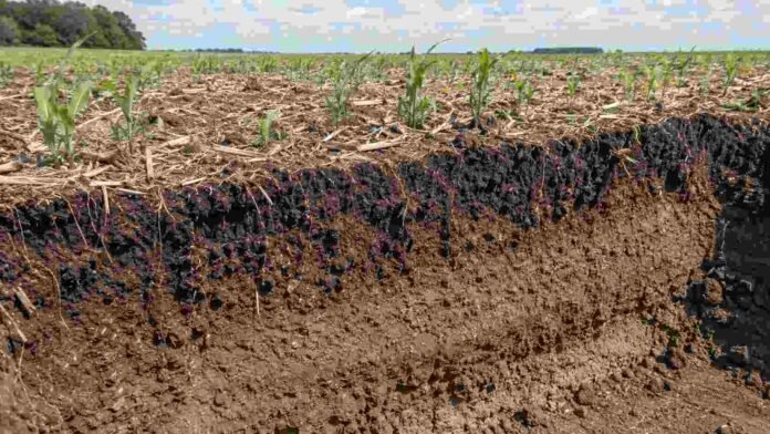 manejo-agricola-carbono-suelo-ruralnet Perfil de suelo agrícola con raíces, rastrojo y cultivos jóvenes que muestra los cambios en su estructura y en la protección del carbono.