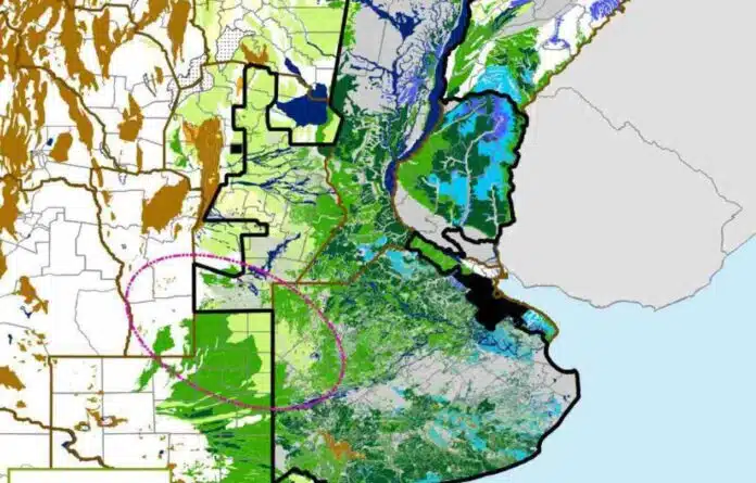 Mapa de reservas de agua en el suelo de la región agrícola argentina, con las condiciones hídricas diferenciadas por colores