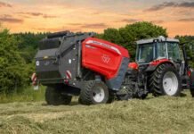 Massey Ferguson RB 4180V: Tecnología y precisión para maximizar la calidad del forraje Tractor Massey Ferguson con enfardadora trabajando sobre un lote al atardecer