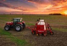 La Pampa: la siembra de trigo repunta y proyecta 247.000 hectáreas Tractor Massey Ferguson 6700 con sembradora trabajando en un campo durante el atardecer.
