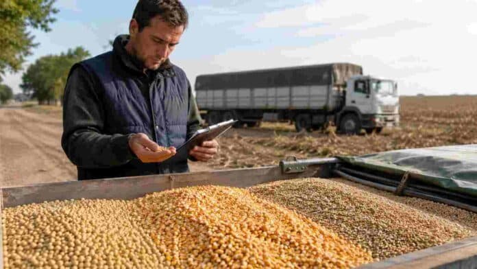 Productor revisa una muestra de granos junto a una carga de soja, maíz y trigo en un campo, con camión cerealero al fondo.