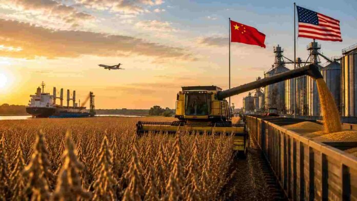 mercado-granos-china-estados-unidos-ruralnet Cosecha de soja junto a una terminal portuaria, con las banderas de China y Estados Unidos como referencia al comercio internacional de granos.