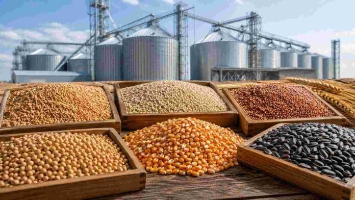 Granos de soja, maíz, trigo, sorgo y girasol exhibidos frente a una planta de acopio con silos.