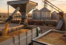 Granos: la soja lideró la rueda con mejoras en las ofertas, mientras el maíz también mostró subas Carga de maíz y soja a granel en una terminal de granos con silos y vagones ferroviarios al atardecer.