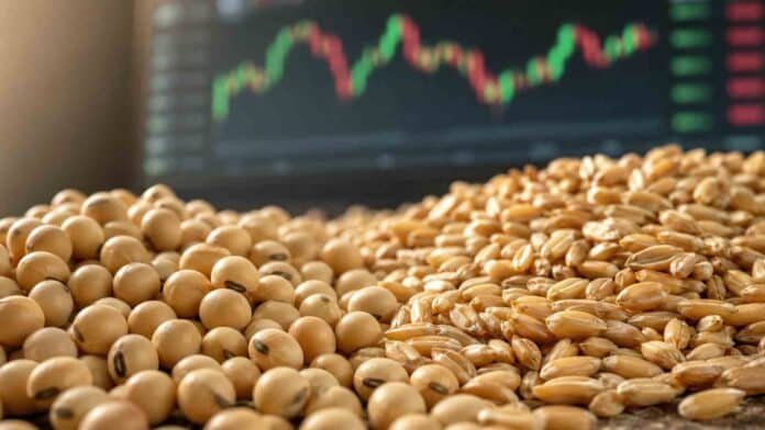 Granos de soja y trigo en primer plano con un gráfico de precios agrícolas en tonos verdes y rojos desenfocado al fondo.