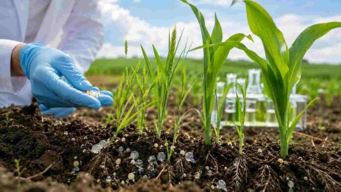 Investigador aplica fertilizante nanoencapsulado en un cultivo de trigo y maíz para mejorar la eficiencia de nutrientes en el suelo.