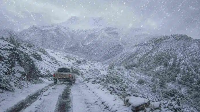 nevada-cordillera-patagonica-camioneta-ruralnet Camioneta 4x4 circula por un camino de montaña cubierto de nieve durante una intensa nevada en la cordillera patagónica argentina.