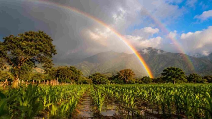Campo agrícola del NOA con cultivos verdes después de la lluvia, arcoíris y cielo de tormenta asociado al fenómeno El Niño.