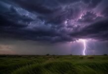 El SMN activa alertas amarillas y naranja: tormentas en el norte, vientos de 100 km/h en la cordillera y nieve en Mendoza y Neuquén Tormenta eléctrica intensa sobre la llanura del noreste argentino, con un rayo impactando en el horizonte, lluvia fuerte, viento sobre los pastizales y un cielo cubierto por nubes oscuras de gran desarrollo.