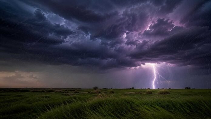 Tormenta eléctrica intensa sobre la llanura del noreste argentino, con un rayo impactando en el horizonte, lluvia fuerte, viento sobre los pastizales y un cielo cubierto por nubes oscuras de gran desarrollo.