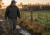 Salarios rurales 2026: cuánto cobran peones, tractoristas, encargados y aplicadores Peón rural argentino caminando al amanecer junto a un alambrado y un corral con ganado en un establecimiento agropecuario.