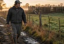 Salarios rurales 2026: cuánto cobran peones, tractoristas, encargados y aplicadores Peón rural argentino caminando al amanecer junto a un alambrado y un corral con ganado en un establecimiento agropecuario.