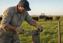 El sueldo del peón rural aumenta de julio a octubre: así quedan los básicos Peón rural reparando un alambrado ganadero en un campo de la Pampa Húmeda argentina.