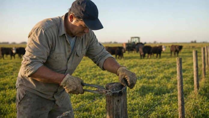 peon-rural-trabajando-pampa-humeda-compressed Peón rural reparando un alambrado ganadero en un campo de la Pampa Húmeda argentina.