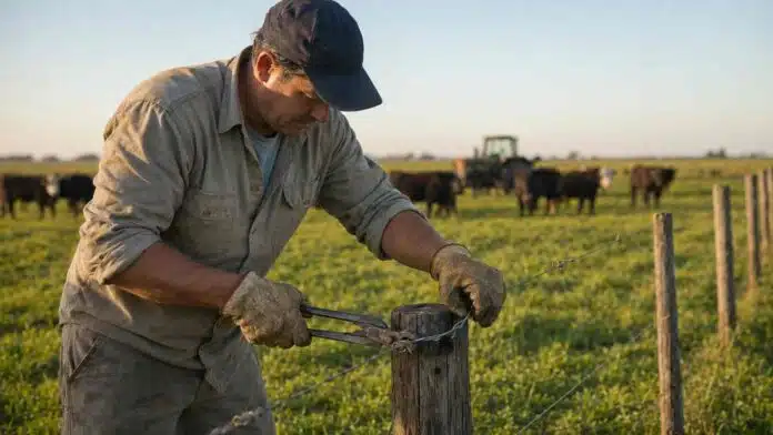 Peón rural reparando un alambrado ganadero en un campo de la Pampa Húmeda argentina.