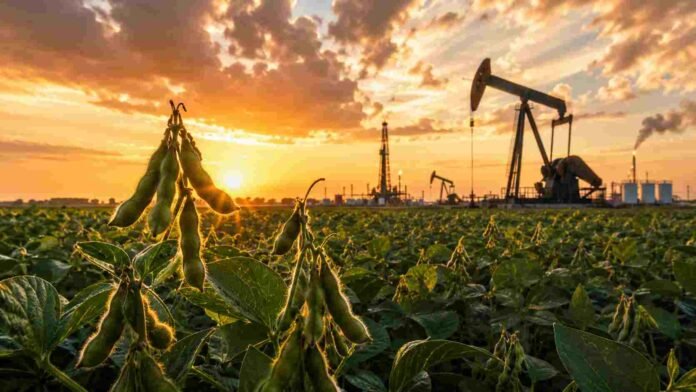 petroleo-impulsa-soja-ruralnet Primer plano de plantas de soja en un lote agrícola, con equipos de extracción de petróleo al fondo y un atardecer intenso que simboliza la suba del aceite de soja impulsada por el mercado energético.