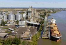 Molinos Agro y ACA invertirán US$ 500 millones en una mega planta de soja en Timbúes Planta agroexportadora con silos, camiones y buque cargando granos en un puerto sobre el río Paraná.