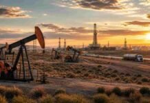 Vaca Muerta impulsa un récord histórico para la balanza energética argentina Bombas extractoras y torres de perforación en un yacimiento de petróleo y gas al atardecer