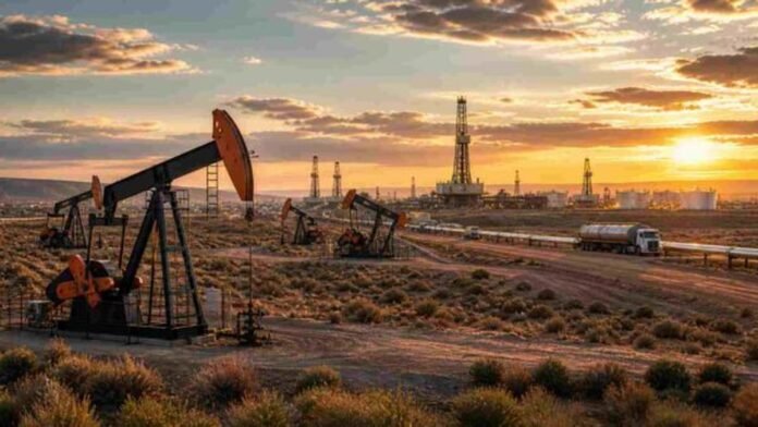 Bombas extractoras y torres de perforación en un yacimiento de petróleo y gas al atardecer