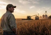 El mundo subsidia al campo, pero Argentina le descuenta casi 14% de ingresos al productor Productor agropecuario en un lote agrícola al atardecer, con cosecha y silos al fondo, en una escena que representa la competitividad del campo argentino.