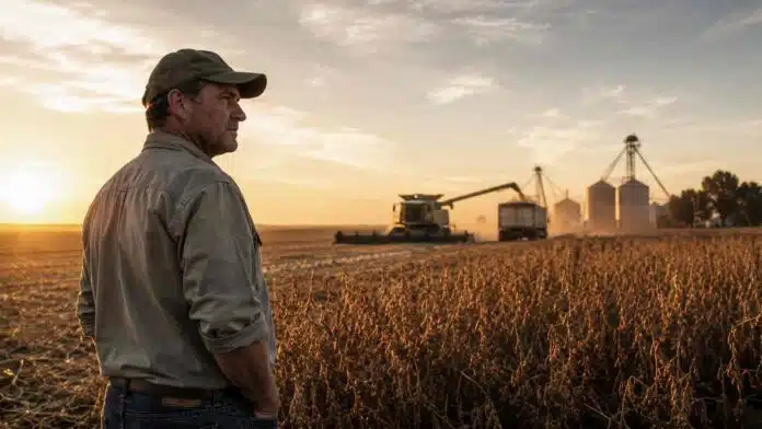 Productor agropecuario en un lote agrícola al atardecer, con cosecha y silos al fondo, en una escena que representa la competitividad del campo argentino.
