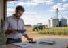 El desorden que debilita al agro frente a bancos y proveedores Productor agropecuario revisando información financiera con una tablet y una calculadora, con cultivos, tractor y silos al fondo.