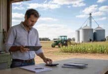 El desorden que debilita al agro frente a bancos y proveedores Productor agropecuario revisando información financiera con una tablet y una calculadora, con cultivos, tractor y silos al fondo.