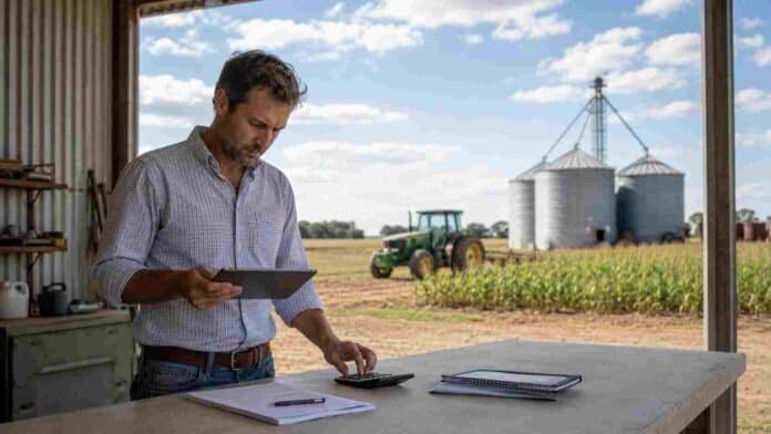 productor-orden-financiero-agropecuario-ruralnet Productor agropecuario revisando información financiera con una tablet y una calculadora, con cultivos, tractor y silos al fondo.