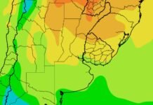 El agro enfrenta una nueva semana de frío, heladas y escasas lluvias Mapa de pronóstico de anomalías de temperatura para Argentina y países vecinos con zonas de temperaturas superiores e inferiores a lo normal según la escala de colores.
