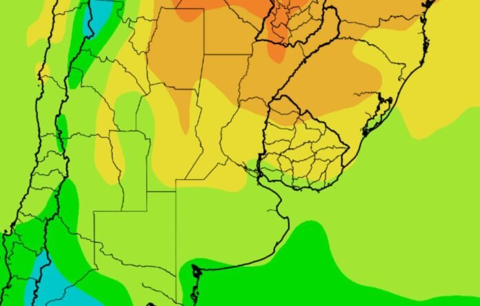 pronostico-anomalia-temperatura-argentina-ruralnet Mapa de pronóstico de anomalías de temperatura para Argentina y países vecinos con zonas de temperaturas superiores e inferiores a lo normal según la escala de colores.