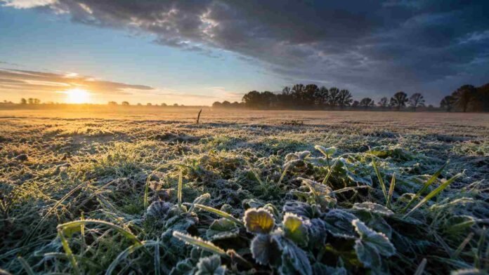 Campo agrícola argentino al amanecer con pasto y cultivos cubiertos de escarcha, iluminados por el sol naciente, mientras un cielo que pasa de despejado a nubes de tormenta anticipa el cambio de tiempo.