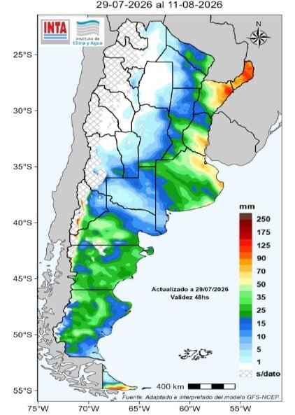 Mapa del INTA con el pronóstico de lluvias acumuladas en Argentina entre el 29 de julio y el 11 de agosto de 2026.