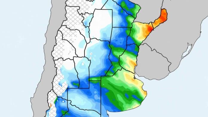 Mapa del pronóstico de lluvias en Argentina con mayores acumulados en el noreste y el este de la región Pampeana.