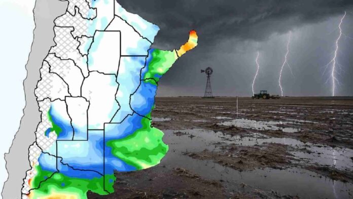 pronostico-lluvias-hasta-20-julio-ruralnet Mapa de pronóstico de lluvias sobre Argentina junto a un campo encharcado bajo tormenta, con molino, tractor y relámpagos.