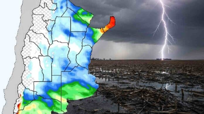 Mapa del pronóstico de lluvias en Argentina hasta el 3 de agosto junto a un campo anegado bajo una tormenta eléctrica.